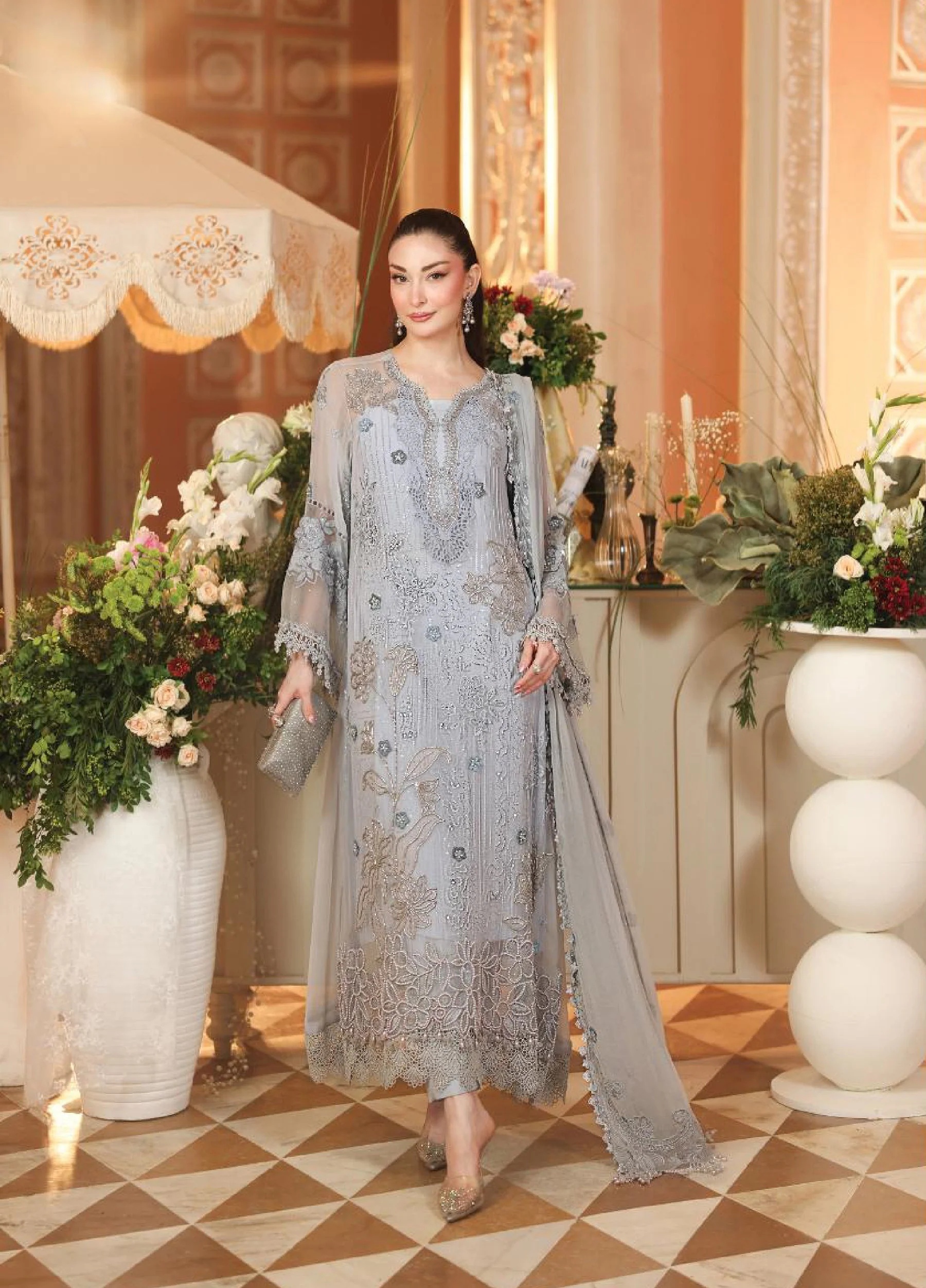 Maria B Unstitched GRAY pakistani fashion outfit in grey tones.